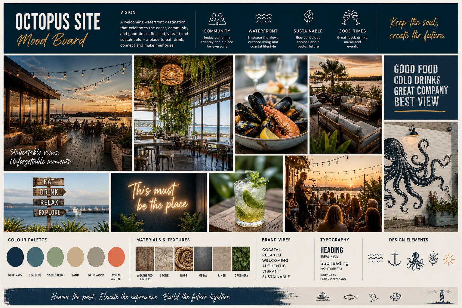Octopus Site community mood board — sunset waterfront deck, octopus mural, signpost reading Eat Drink Relax Explore, colour palette and material samples