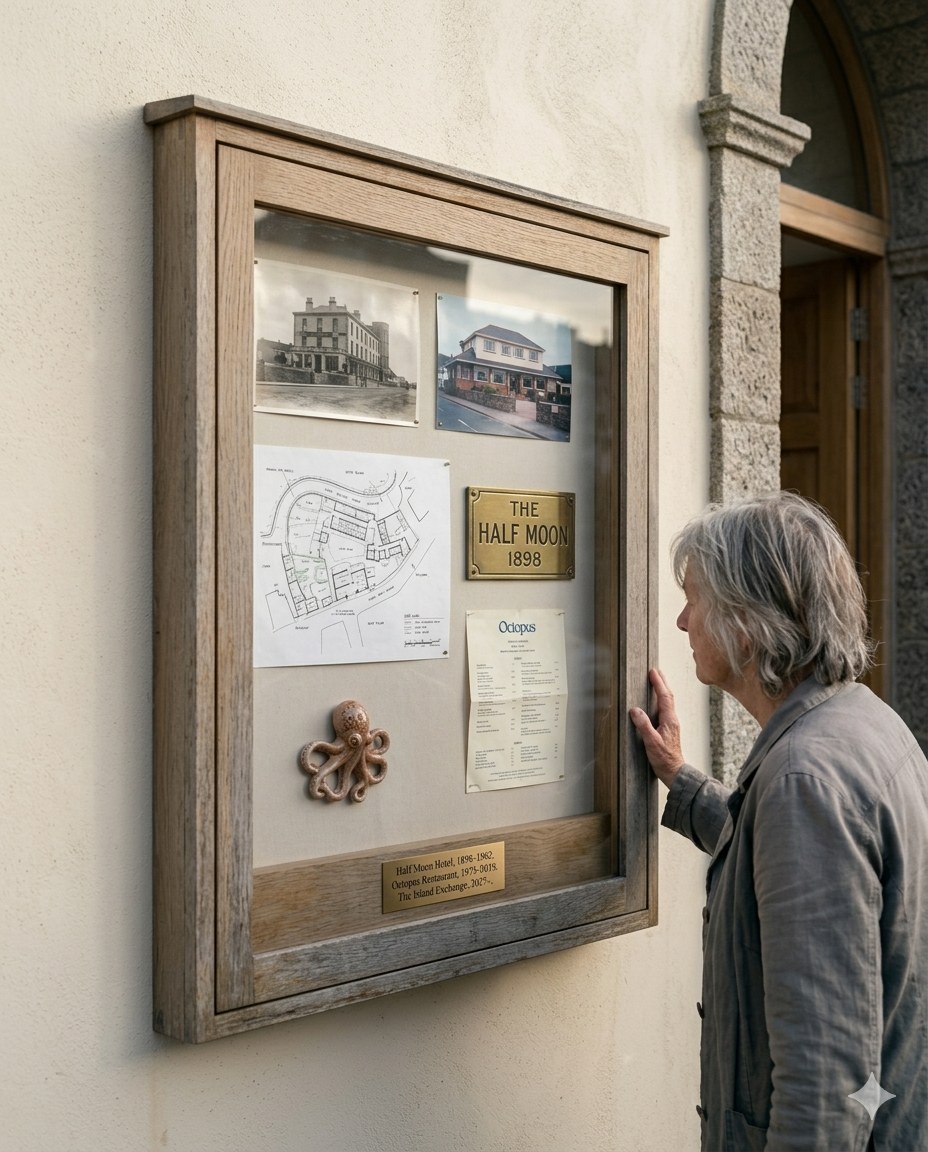 The heritage wall display at the ground-floor entrance — photographs of the Half Moon Hotel and the Octopus restaurant, a brass plaque, a ceramic octopus, and an Octopus menu, with an older woman pausing to look